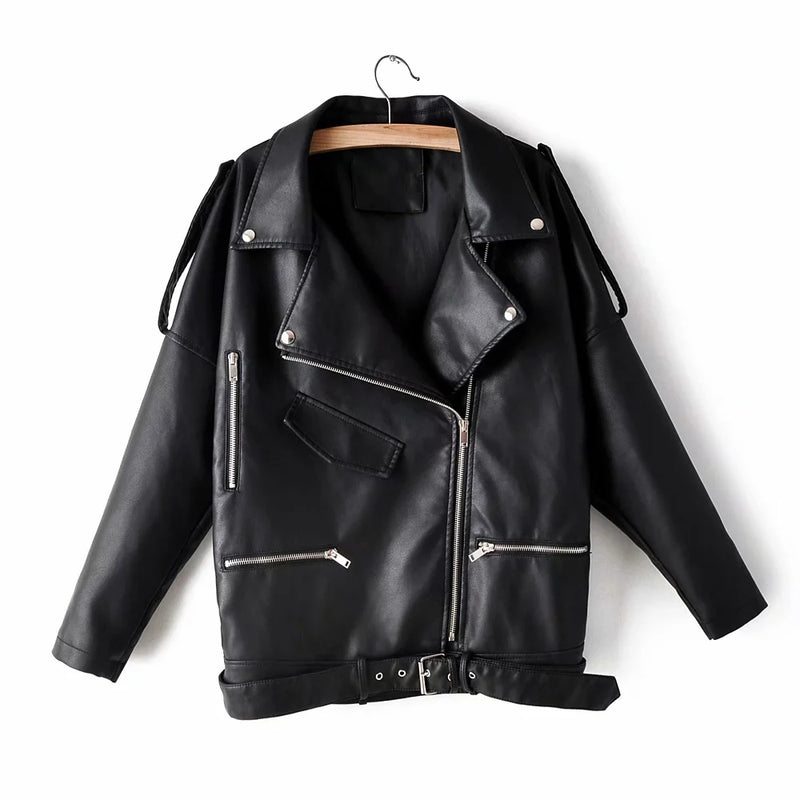 Chain Loose Female PU Leather Jacket Ladies Jacket - WOMONA.COM