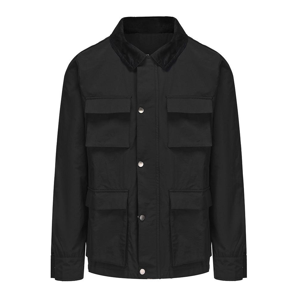 Black zip-front utility jacket with stand collar and four flap pockets