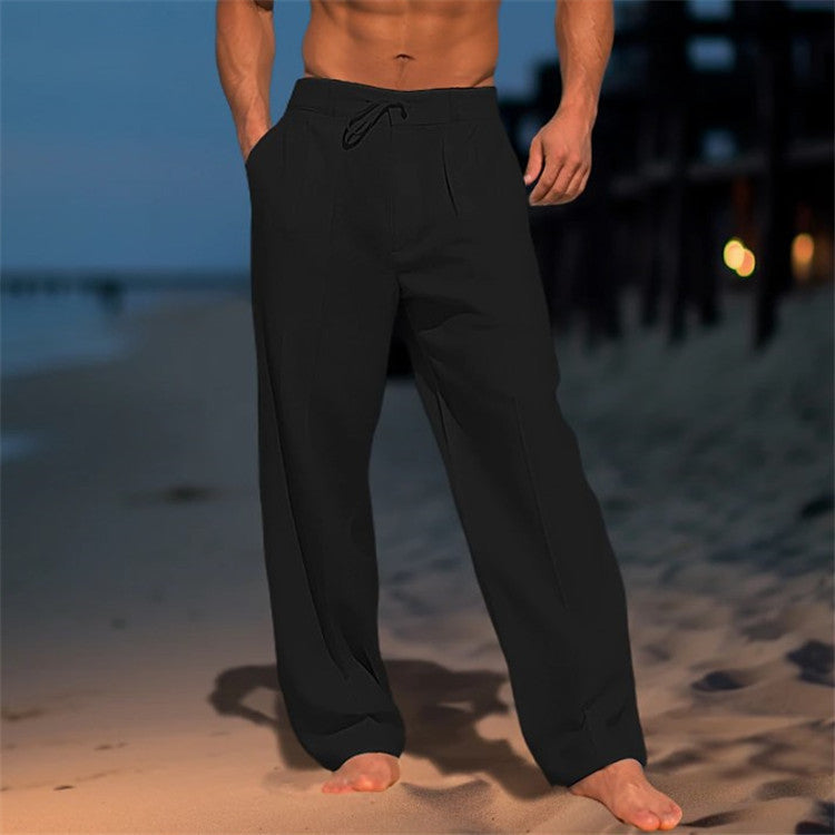 Men's black drawstring lounge pants with elastic waist and relaxed straight legs.