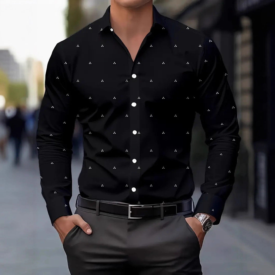 Men's black button-down long-sleeve shirt with allover small printed polka dots