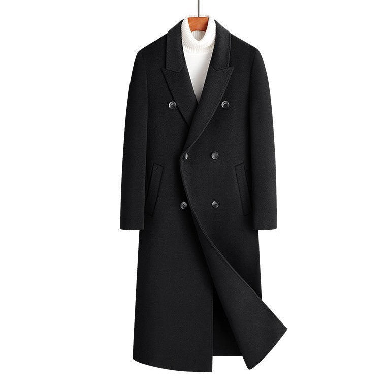 Black double-breasted long wool coat with peak lapels, flap pockets, and buttons
