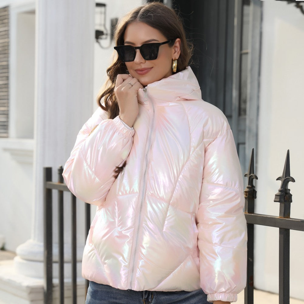 Shiny hooded cotton jacket, pale pink with front zipper and puff sleeves