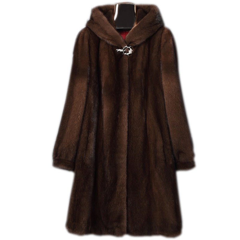 Dark brown hooded fur coat with front button closure, mid-length sleeves