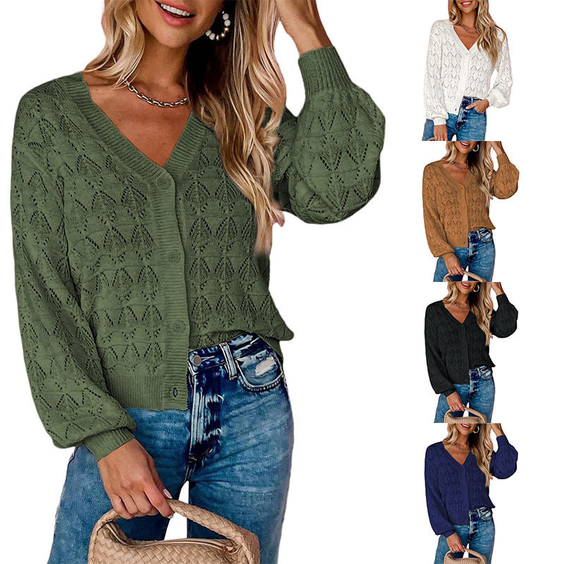 Women's Short Cardigan Knitted Sweaters Long-Sleeve Front-Open V-Neck Button-Down Tops