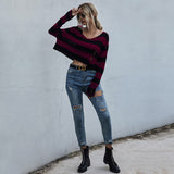 New Big V-neck Striped Sweater - WOMONA.COM