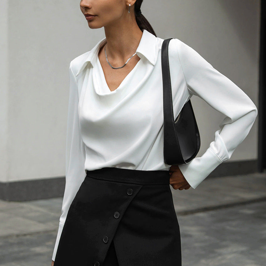 Women's solid-color collared long-sleeve shirt