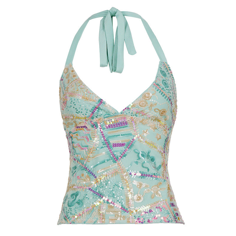 Mint patchwork sequin halter top with neck tie and V-neck