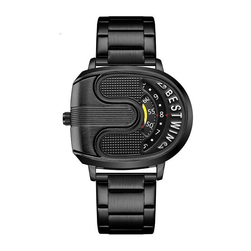 Black U-shaped fashion watch with black textured dial and black link strap.