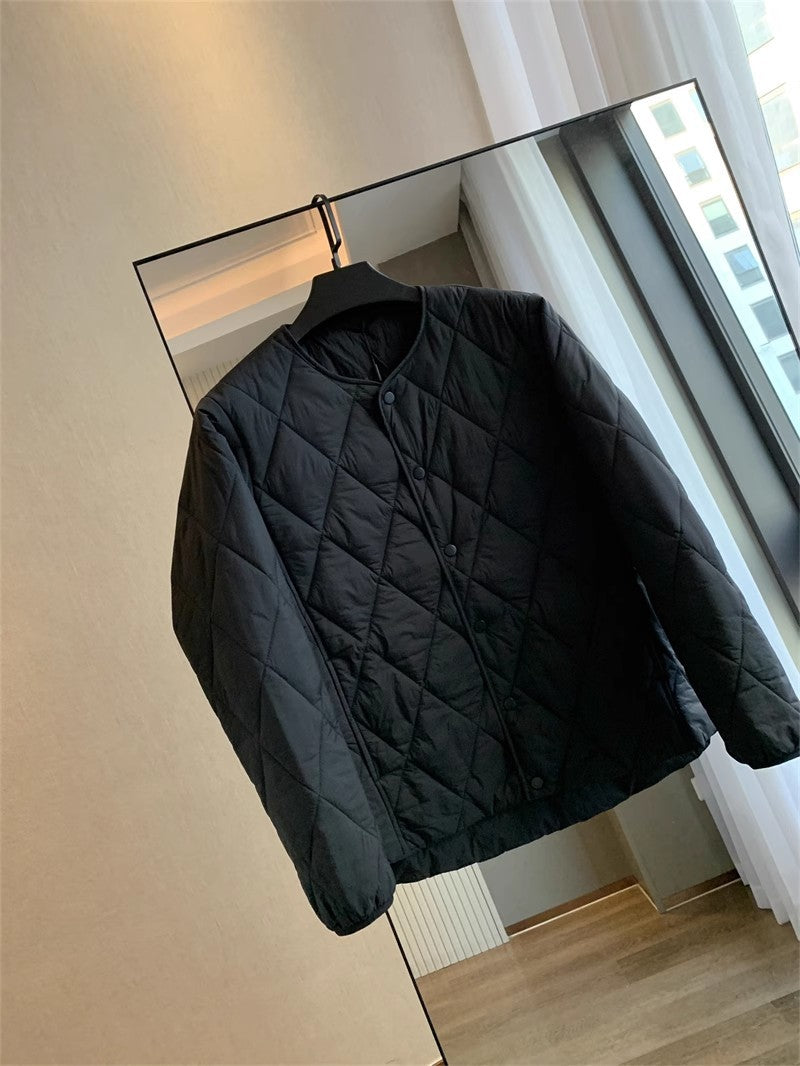 Women's Diamond-Quilted Cotton-Filled Jacket, Black - Round Neck - product view 12