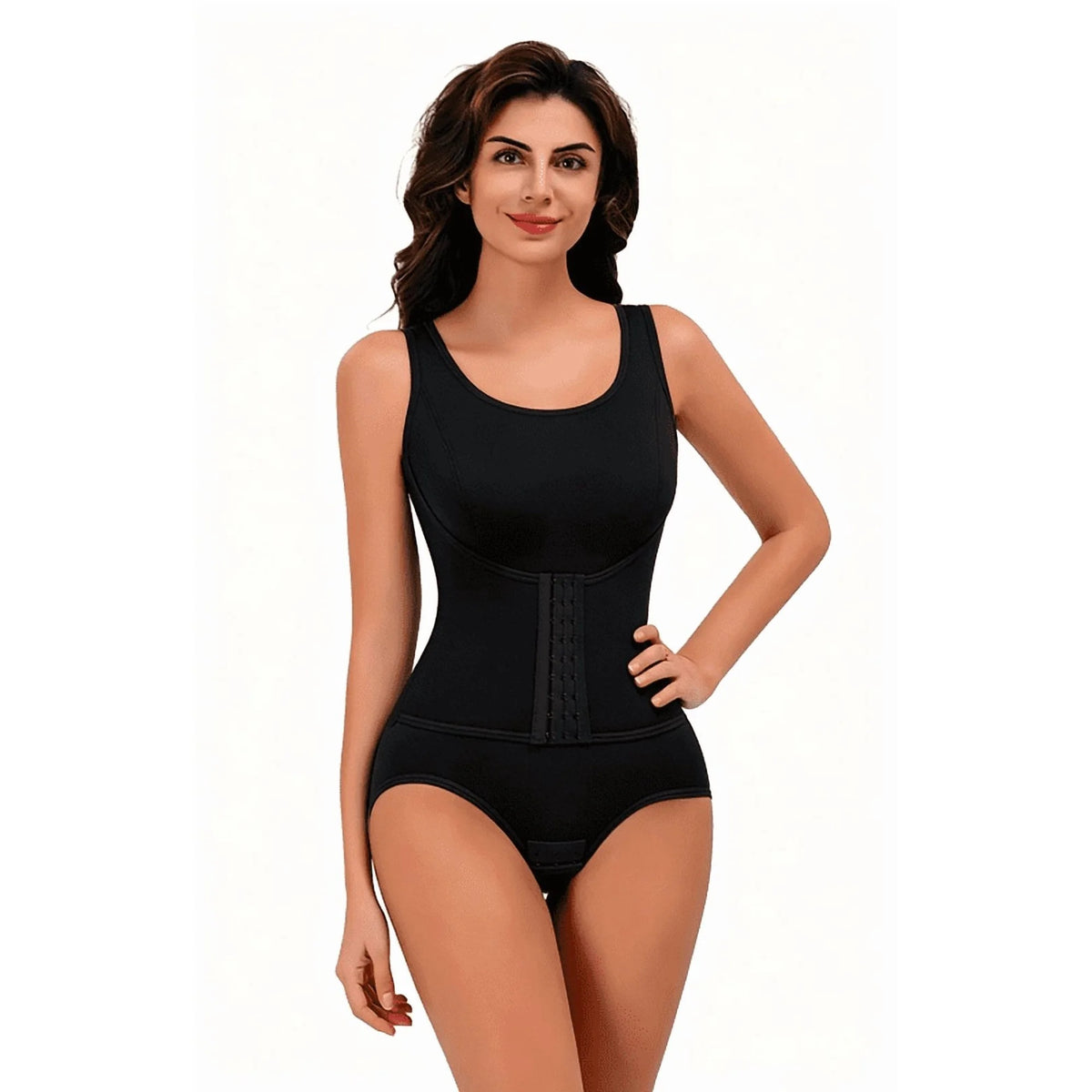 Black women's tummy control bodysuit shaper, sleeveless scoop neck with front corset panel