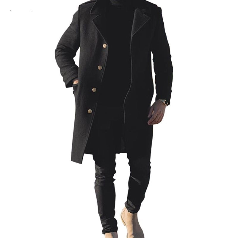 Men's long black wool-look overcoat