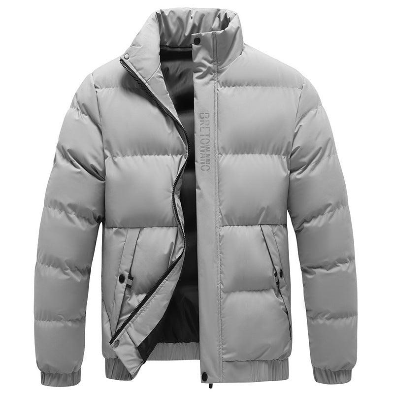 Light gray warm padded jacket with hood, full-zip, quilted panels and logo label