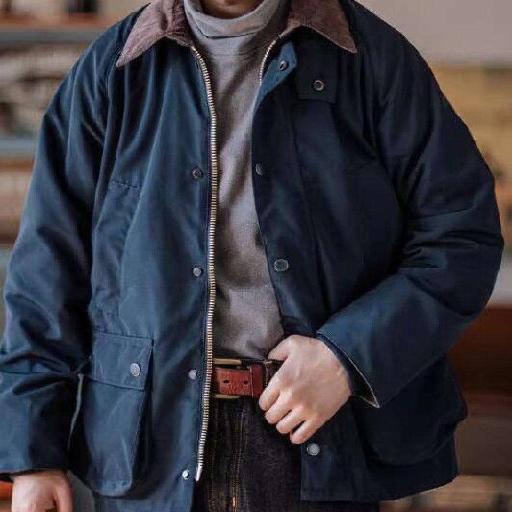 Men's navy hunting jacket with full-zip front and snap flap pockets