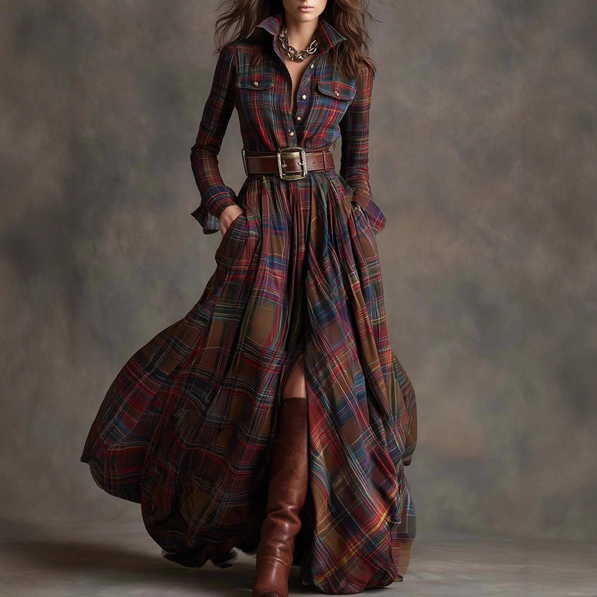 Women's plaid button-front long shirt dress