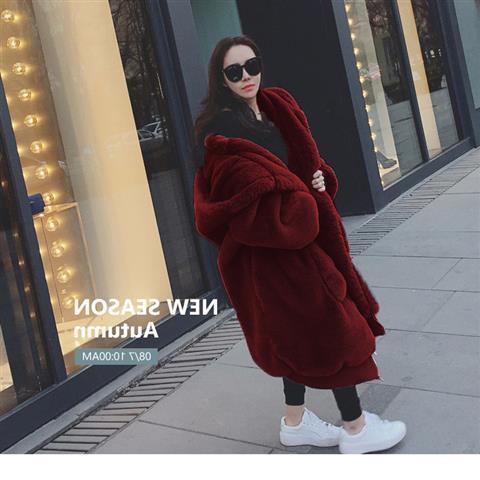 Women’s hooded fur jacket in deep wine red, thick plush texture with long sleeves