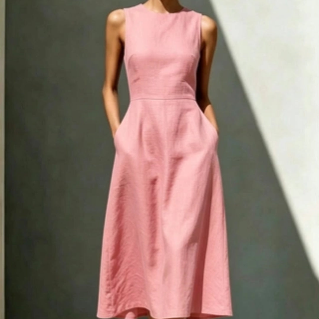 Pink sleeveless slim-fit midi dress with round neckline and gathered waist