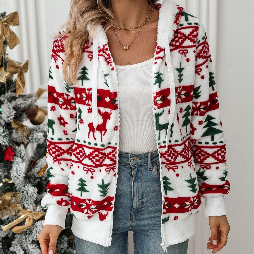 White plush zip-up cardigan hoodie with red and green Christmas pattern, front pockets