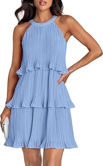 Pleated Halter Tiered Mini Dress — light blue pleated halter mini dress