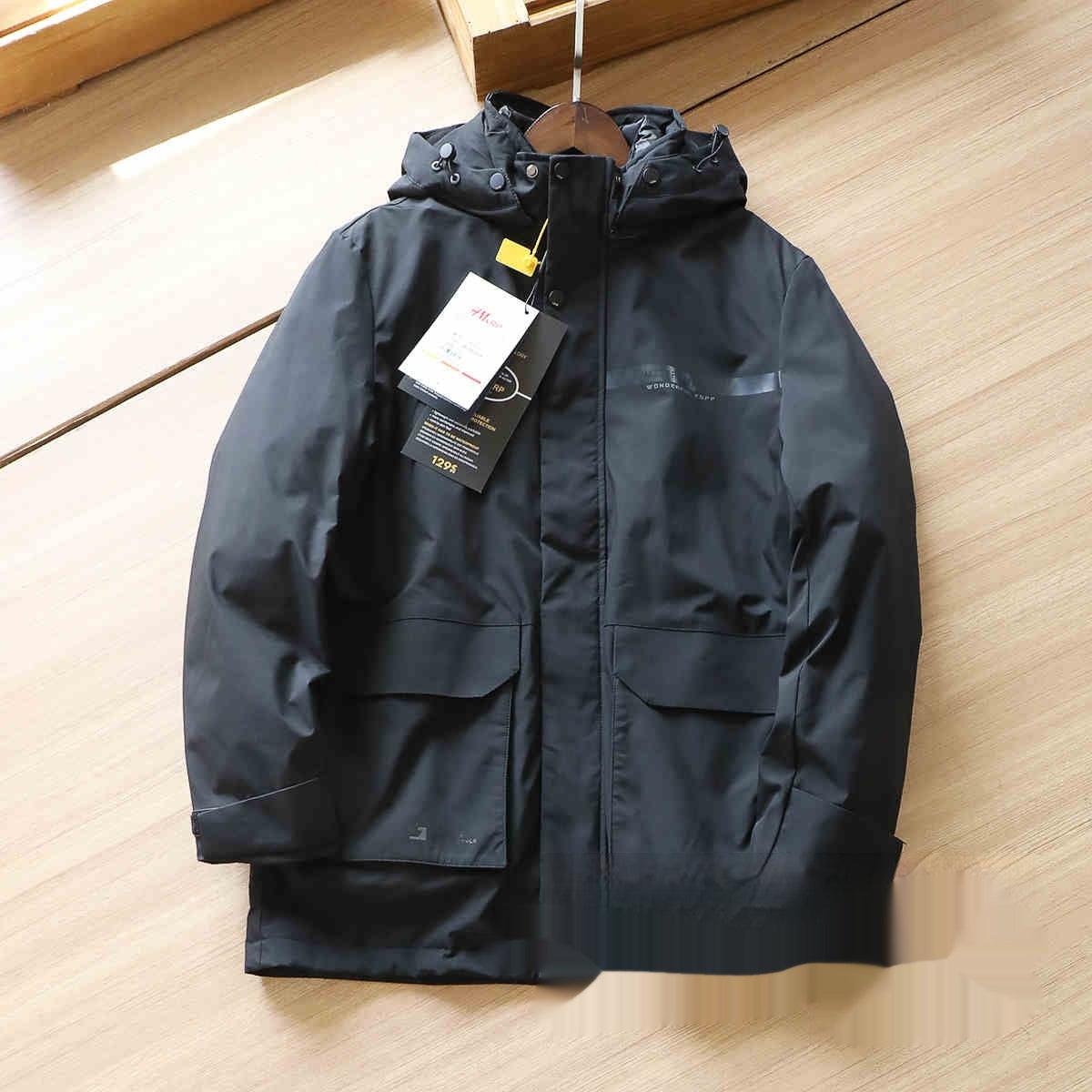 Men's mid-length down jacket, dark blue, hooded zip front, flap pockets