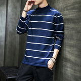 Men's Striped Sweater With Half Turtleneck - WOMONA.COM