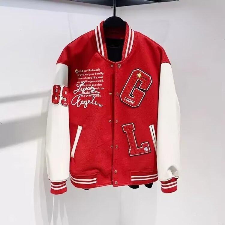 Men's red hooded baseball jacket with button front, ribbed striped cuffs, varsity patches