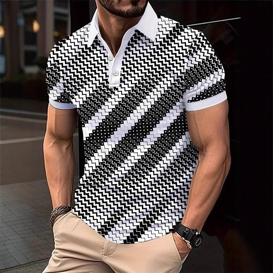 Men's short-sleeve polo shirt with black-and-white zigzag geometric print