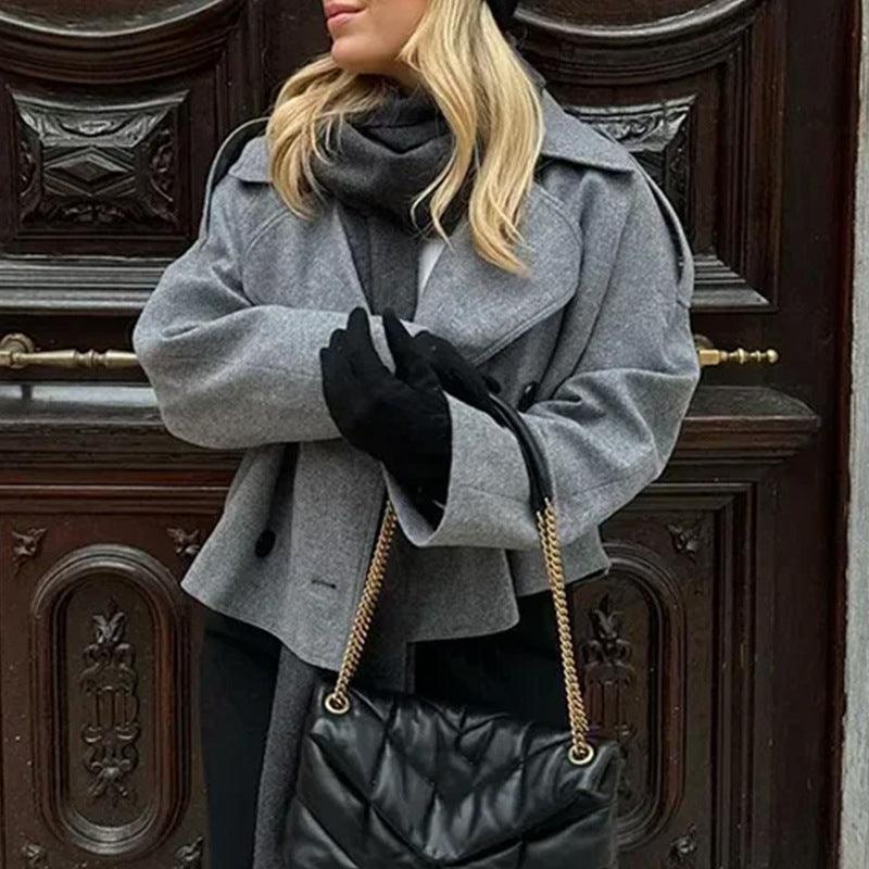 Gray short wool-blend jacket coat with high collar and front button closure