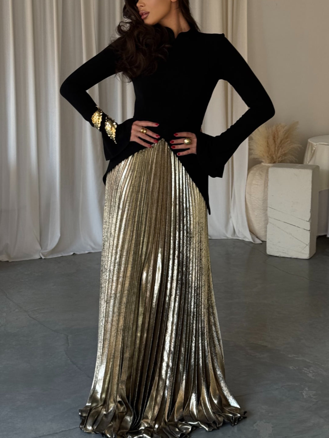 Black Bell-Sleeve Top with Pleated-Skirt Styling – product image 1