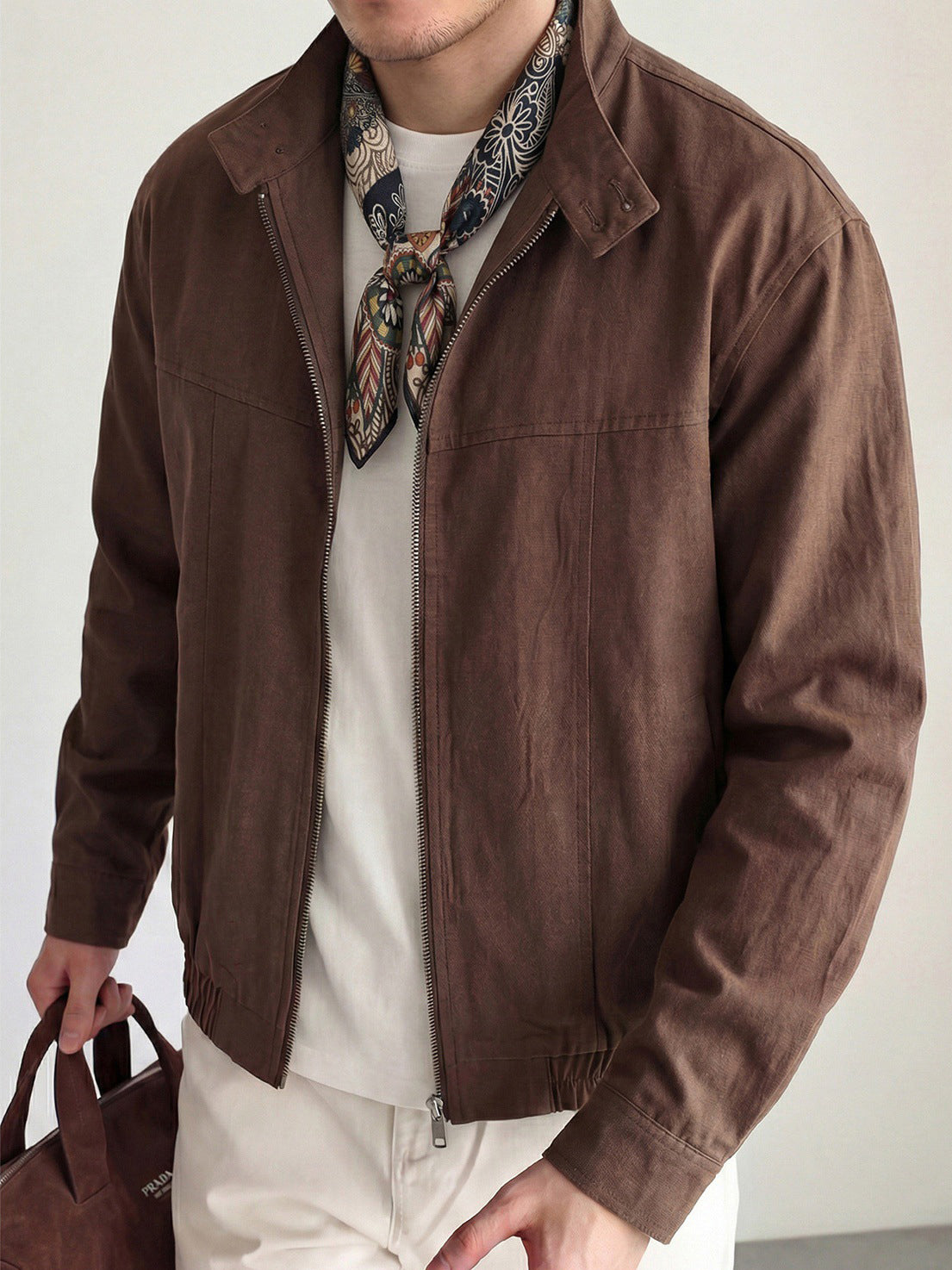 Coffee brown zip-up Harrington motorcycle jacket with stand collar and gathered hem