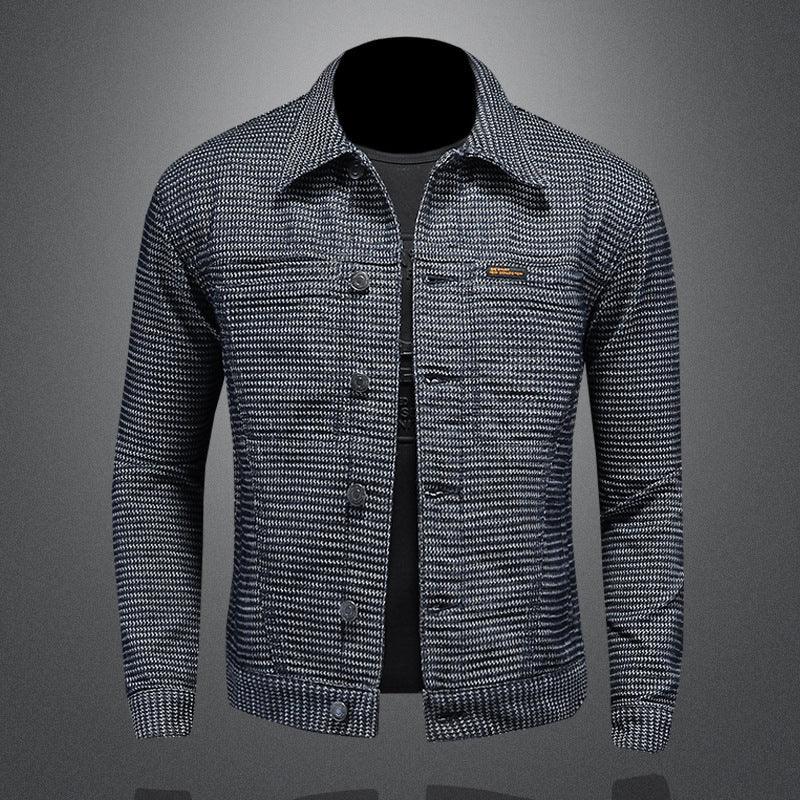 Men's dark denim coat jacket, button-up front with chest patch detail