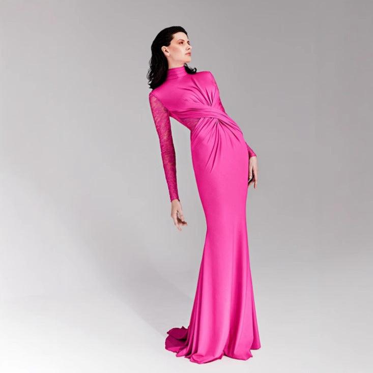 Rose-red fitted gown with lace long sleeves, high neck, pleated waist detail