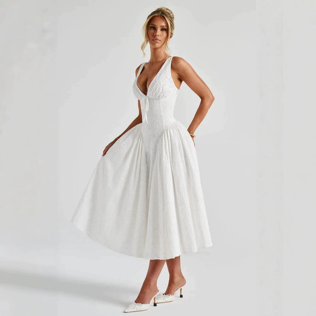 White sleeveless V-neck sheer-textured dress with fitted bodice and flared midi skirt