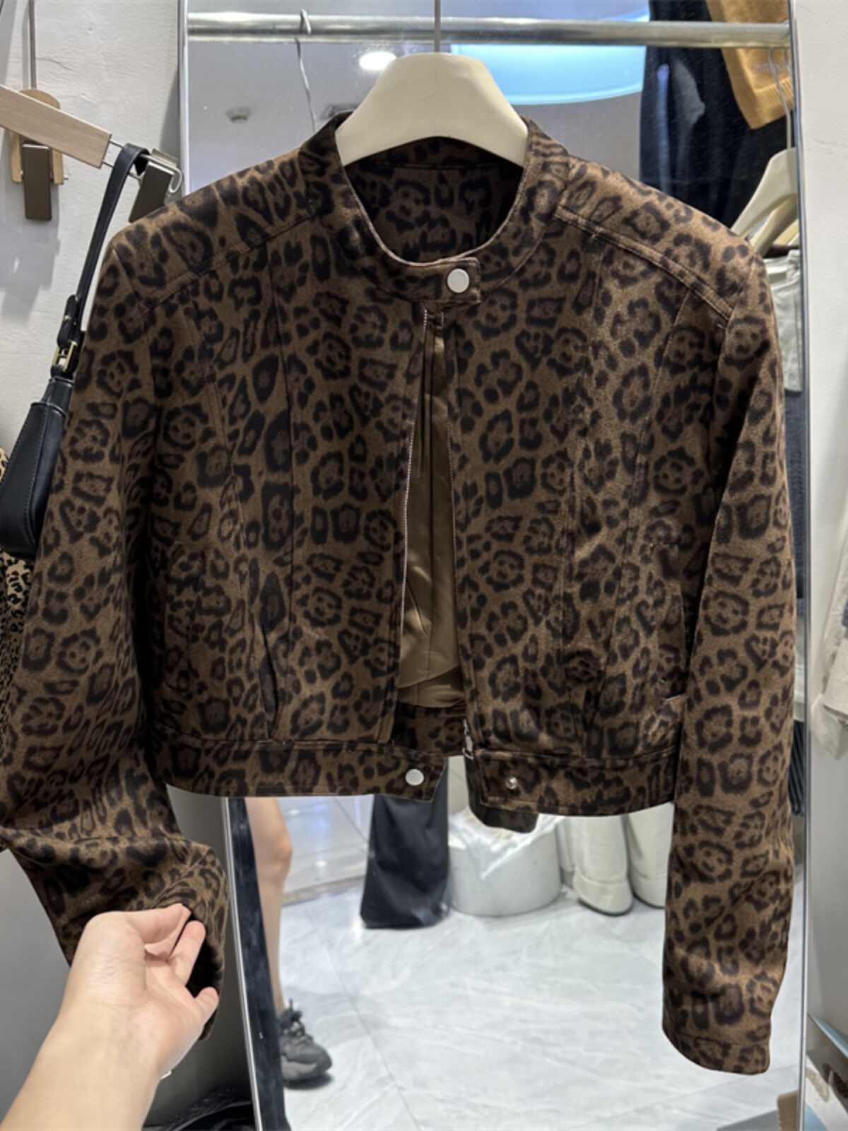 Short leopard print coat in coffee brown, snap button front and stand collar