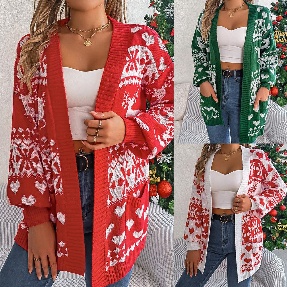 Red and white patterned knit cardigan for women, open front, long sleeves