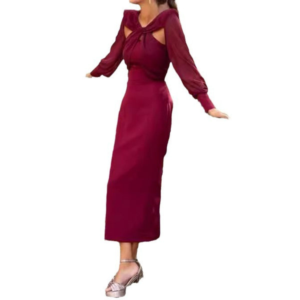 Hollow Twist Stitching Long Sleeve Slim Fit Dress