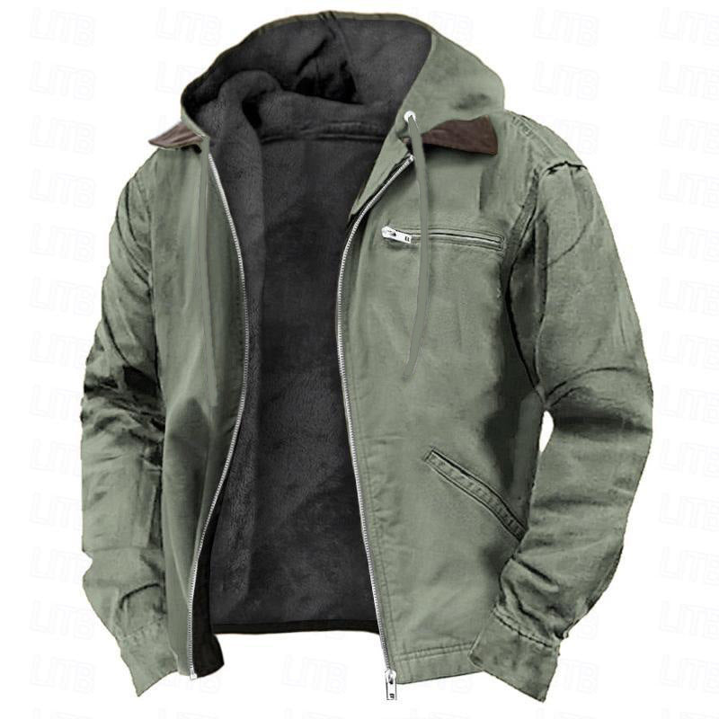 Men's long hooded zip-up pocket coat