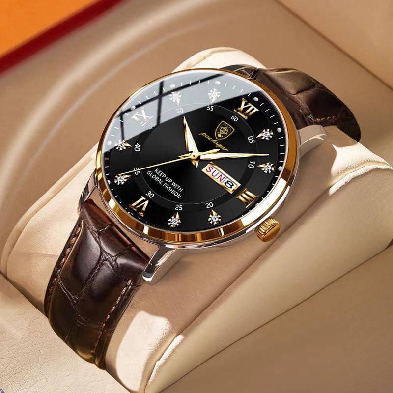 Men's quartz watch with black dial, brown leather strap, silver case