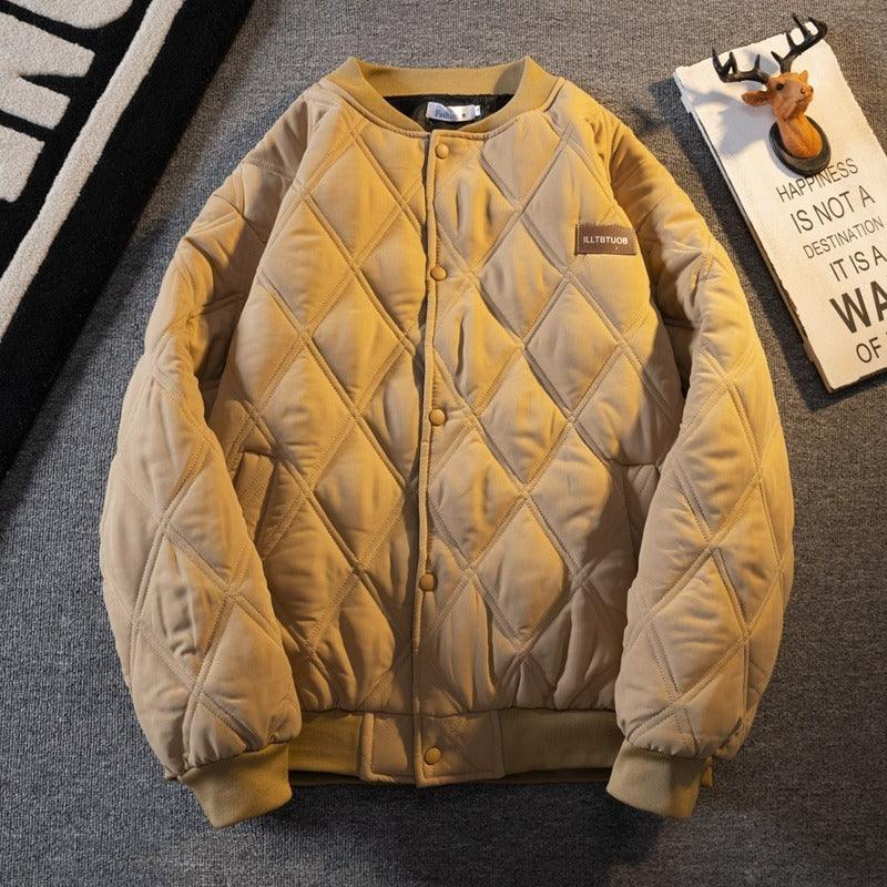 Khaki diamond-quilted cotton jacket with button front and stand collar