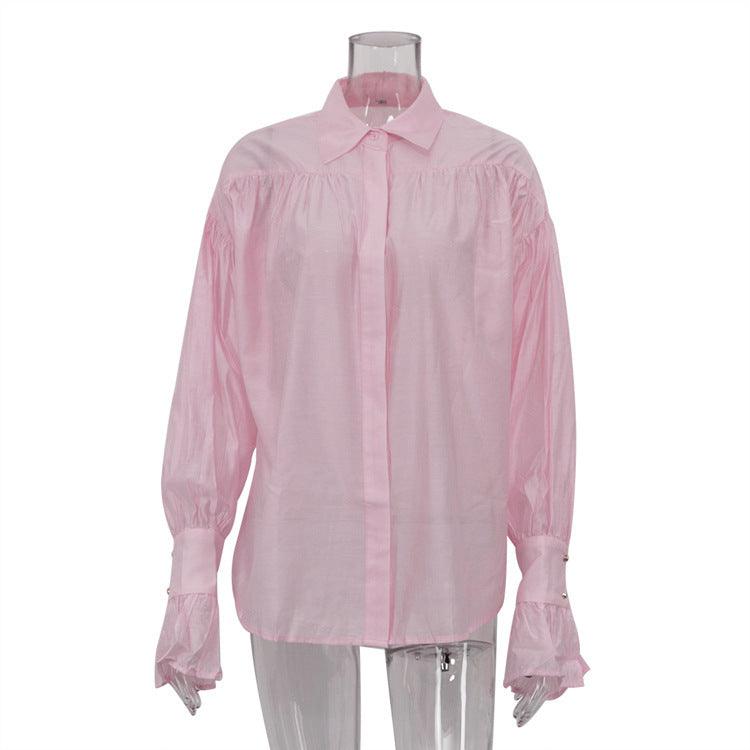 Polo Collar Solid Color Long Sleeve Shirt - WOMONA.COM