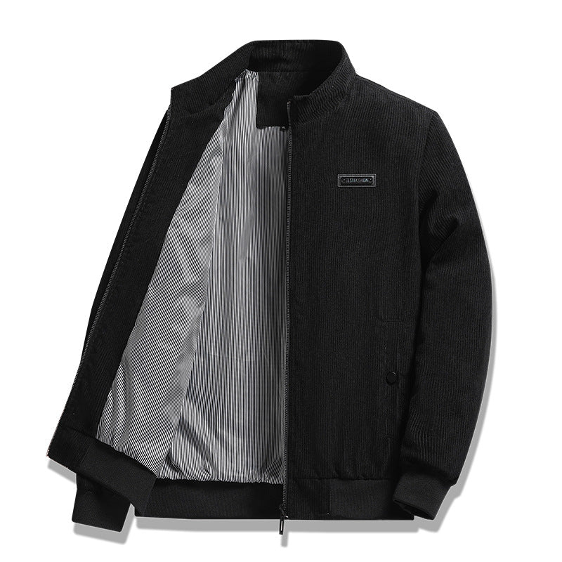 Men's fleece-lined stand-collar corduroy cotton jacket in black, khaki, gray and army green – photo 1 of 8