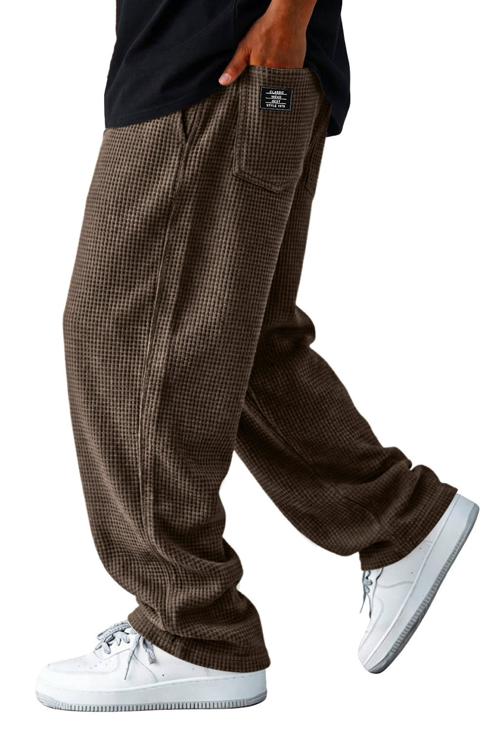 Loose wide-leg casual pants in brown check, elastic ankle cuffs