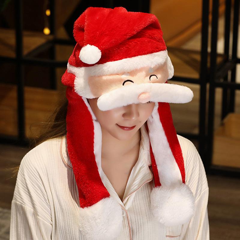 Plush Santa hat with red cap, white trim, and long ear flaps over a soft beard