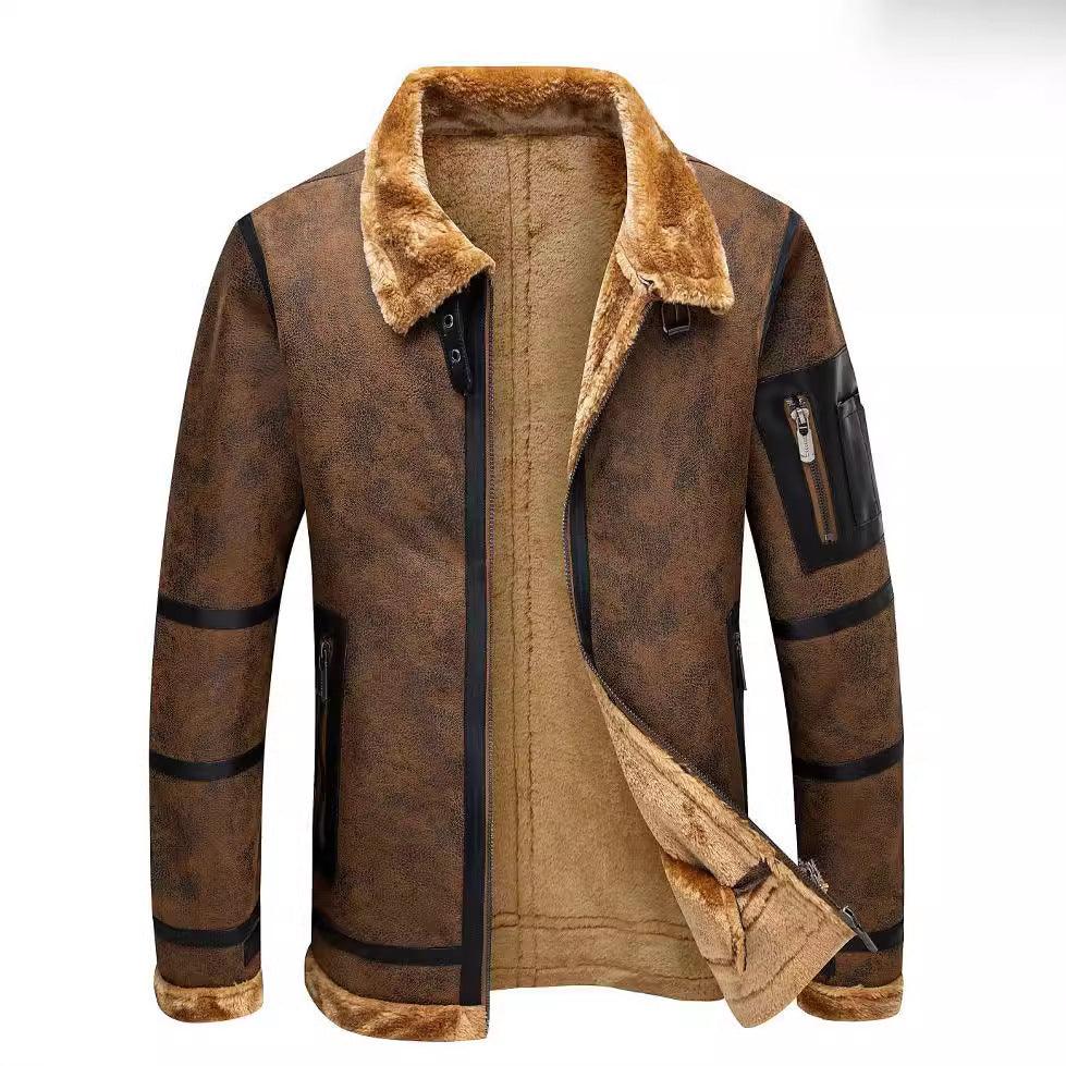 Men's brown fleece-lined fur jacket with sherpa collar, full zipper, and striped sleeve panels