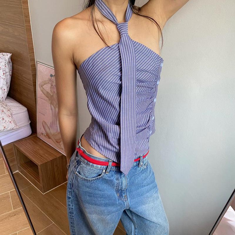 Irregular Striped Printed Tie Design Halter Vest - WOMONA.COM