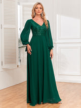 Double V-neck Sequin Chiffon Patchwork A- Line Large Swing Evening Dress - WOMONA.COM