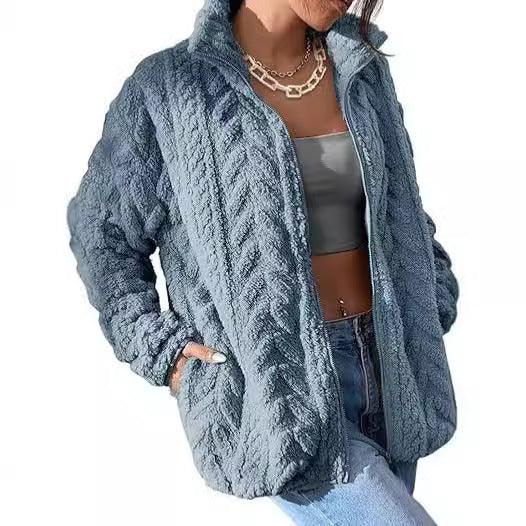 Stand-collar polar fleece jacket, textured blue with front zip