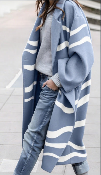 Blue and white striped long wool overcoat with long sleeves, open front, side pockets