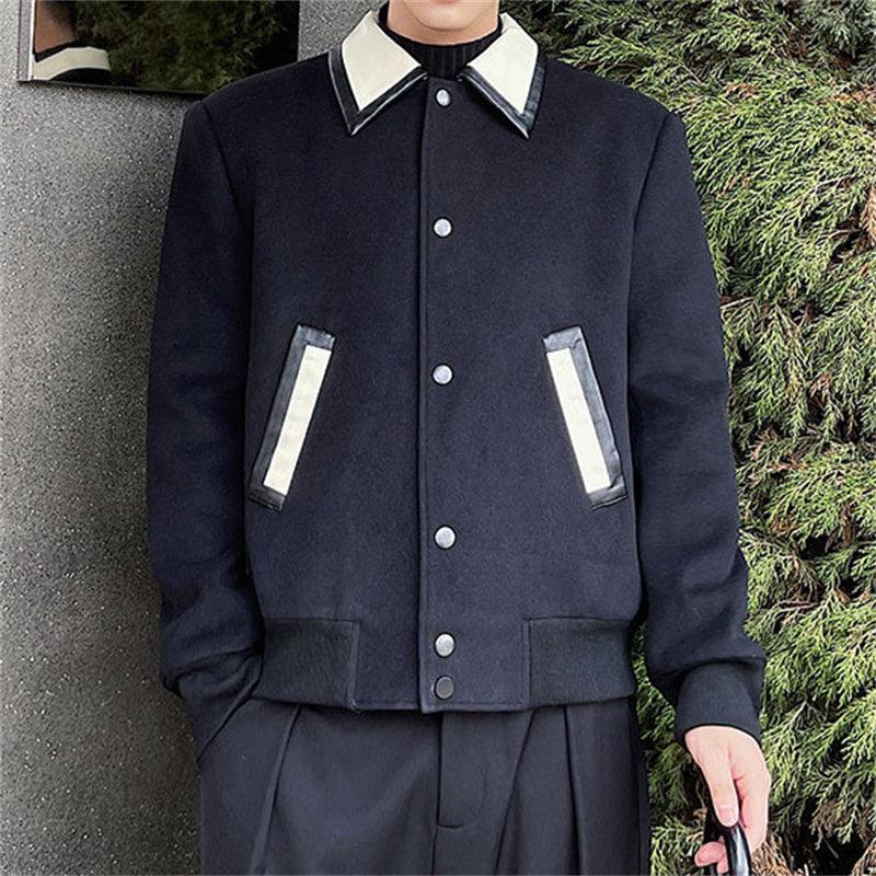 Men's Wool Contrast Leather Lapel Jacket - WOMONA.COM