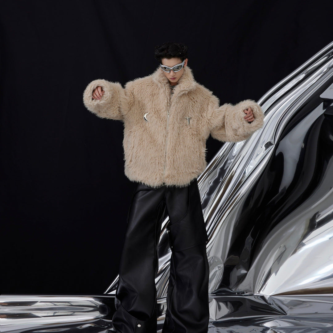 Long-Pile Faux Fur Stand Collar Coat