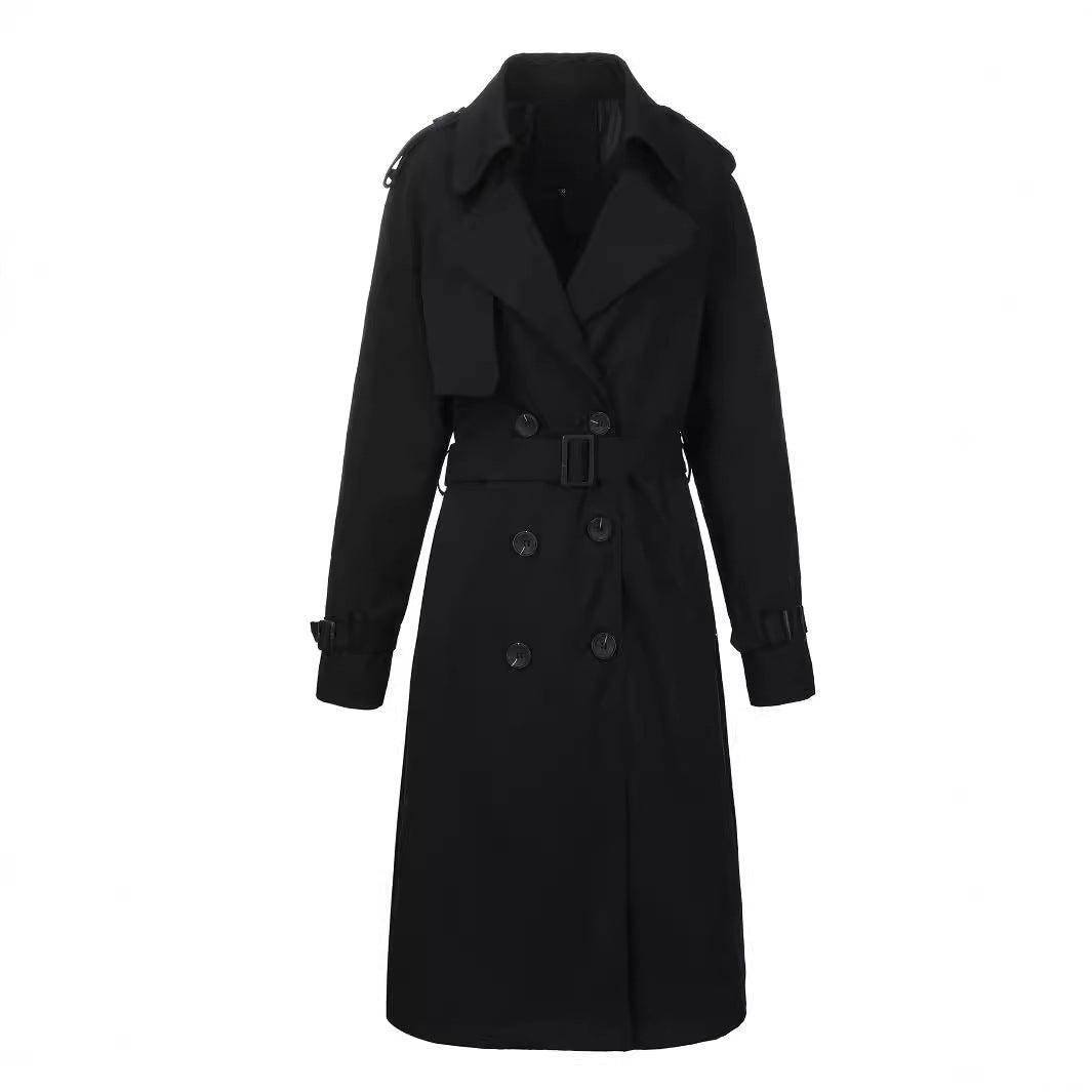 Black double-breasted trench-style windbreaker with belt, long sleeves, button front